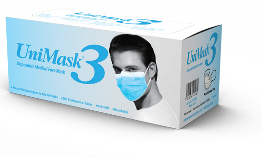 Caja con 50 cubrebocas azules marca Unimask de 3 capas