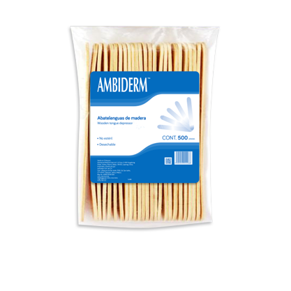 Caja con 500 abatelenguas de madera de 18 por 15 centímetros