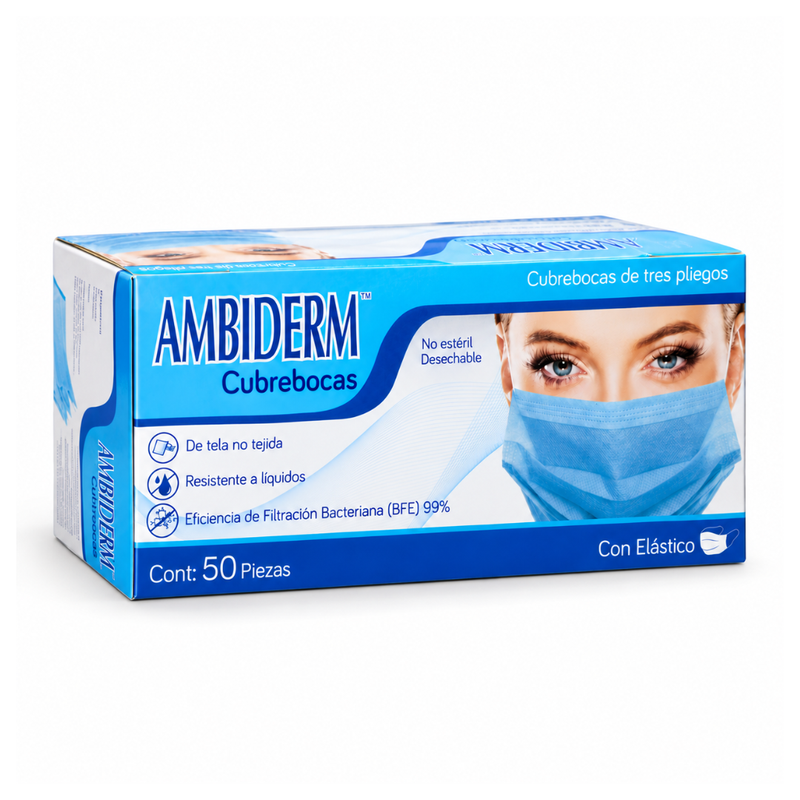 Cargue la imagen en el visor de la galería, Cubrebocas Ambiderm 3 Pliegues Azul con 50 piezas marca Ambiderm