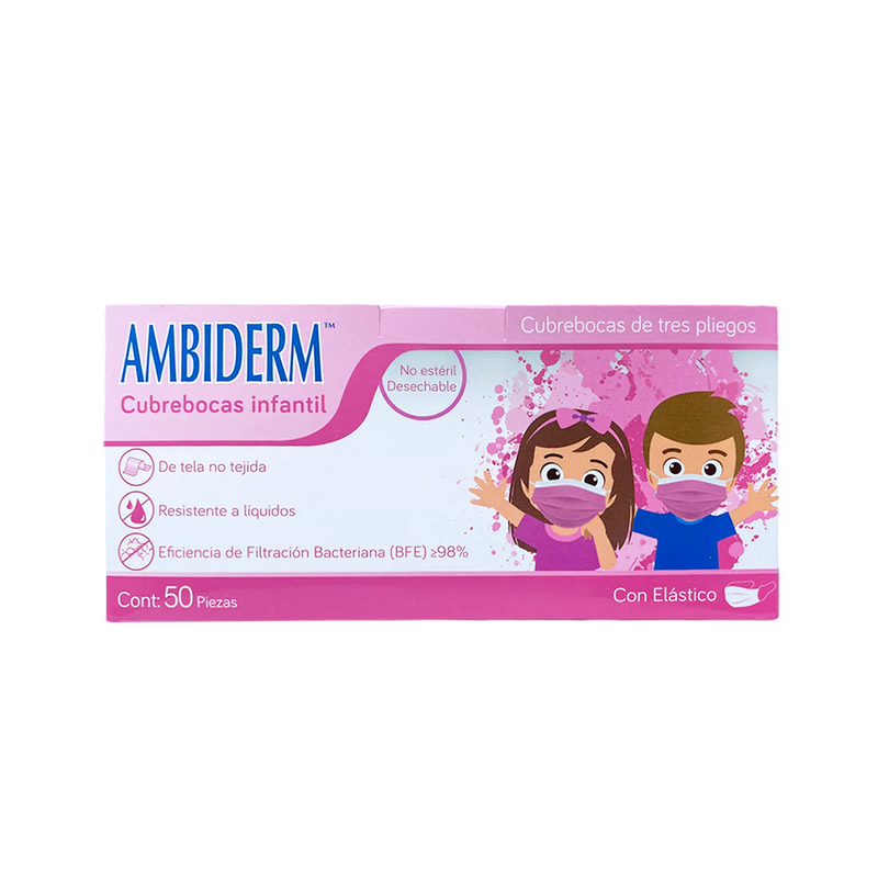 Cargue la imagen en el visor de la galería, Cubrebocas Ambiderm Infantil Rosa con 50 piezas marca Ambiderm