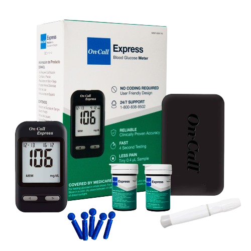 Kit On Call Express, contiene:
1 Glucómetro On Call Express (G115-11D)
100 Tiras reactivas (2 x G135-10D)
100 Lancetas (G124-10A)
1 disparador (G124-11A)
