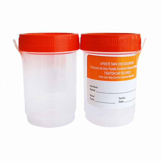 Contenedores de Orina Estériles de 120 mL con tapa naranja y embolsado individualmente - Caja con 300 piezas - Kabla
