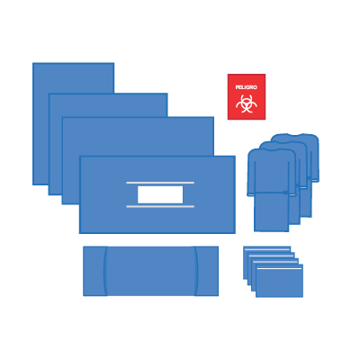 Contenido completo del paquete estéril Ambiderm para cirugía mayor, incluyendo batas reforzadas, sábanas, campos quirúrgicos y cubiertas.
