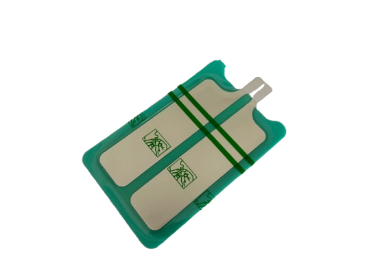 Vista frontal de la placa de electrocirugía bipolar NT, mostrando la superficie conductora y el gel adhesivo.