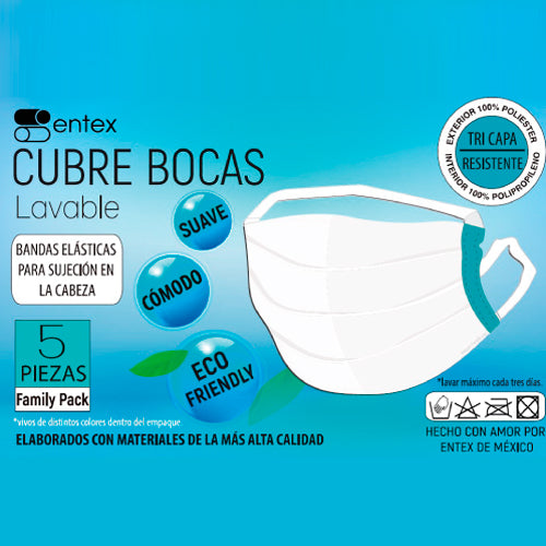 Cargue la imagen en el visor de la galería, Cubrebocas de Tela Poliéster Entex Unitalla - Paquete con 5 Piezas