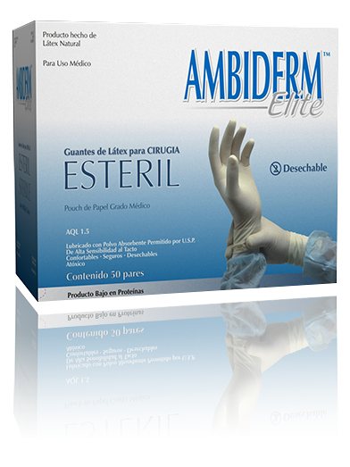 Caja frontal de Guantes de Látex Ambiderm Elite estériles para cirugía. Contiene 50 pares y especifica las tallas disponibles.