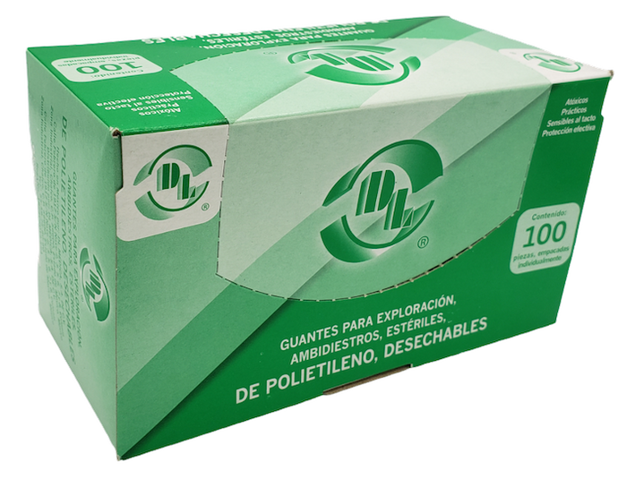 Caja con 100 guantes de polietileno estériles para exploración, tamaño grande.