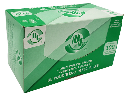 Caja con 100 guantes de polietileno estériles para exploración, tamaño grande.