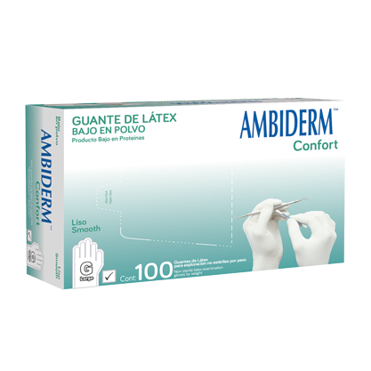 Caja con 100 guantes de látex lisos modelo Confort, tamaño grande
