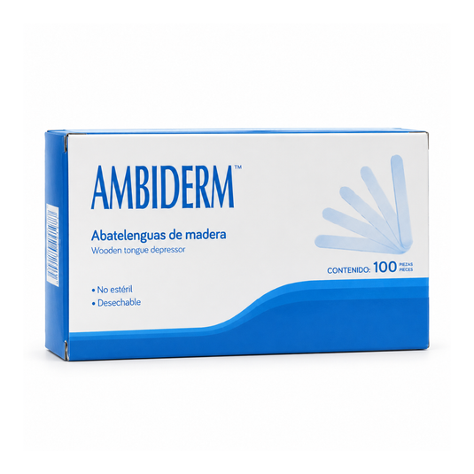Abatelenguas de madera 18 X 15 Cms con 100 piezas marca Ambiderm