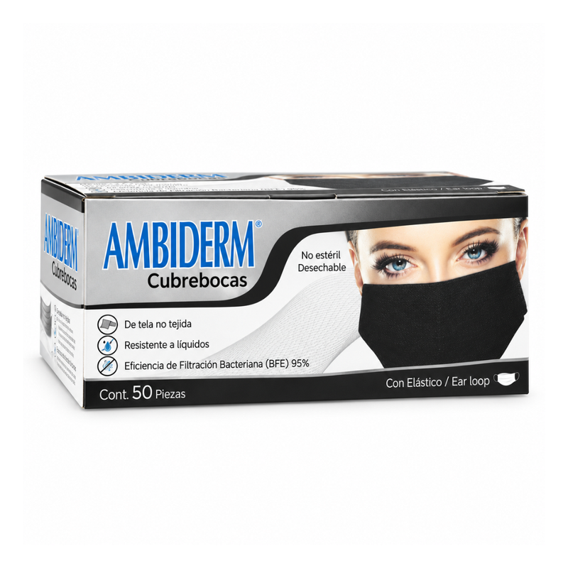 Cargue la imagen en el visor de la galería, Cubrebocas Ambiderm 3 Pliegues Negro con 50 piezas marca Ambiderm
