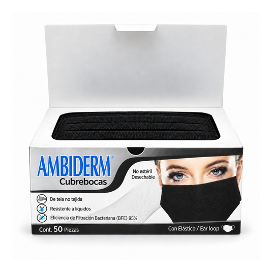 Cubrebocas Ambiderm 3 Pliegues Negro con 50 piezas marca Ambiderm