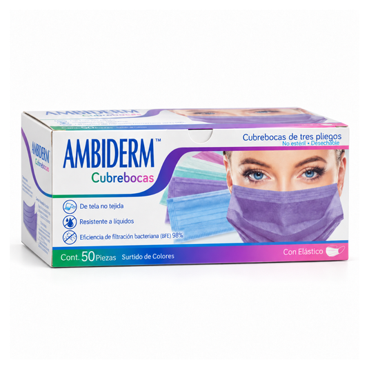 Cubrebocas Ambiderm 3 Pliegues Color con 50 piezas marca Ambiderm