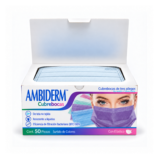 Cubrebocas Ambiderm 3 Pliegues Color con 50 piezas marca Ambiderm