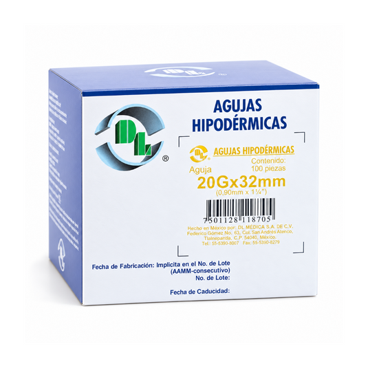 Aguja hipodermica desechable 20Gx32mm con 100 piezas marca DL
