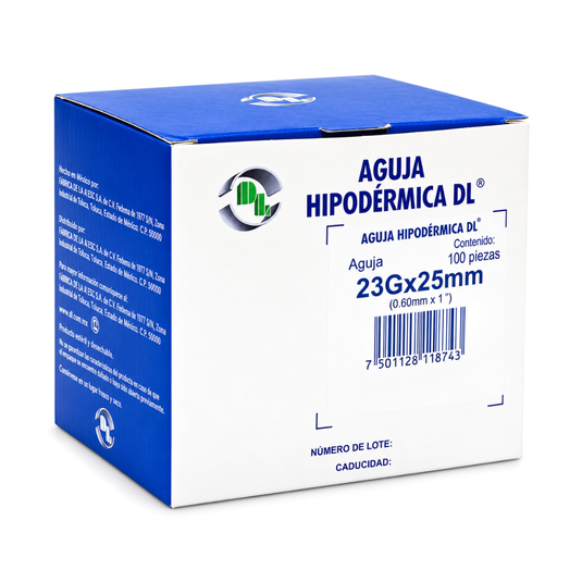 Aguja hipodermica desechable 23Gx25mm con 100 piezas marca DL