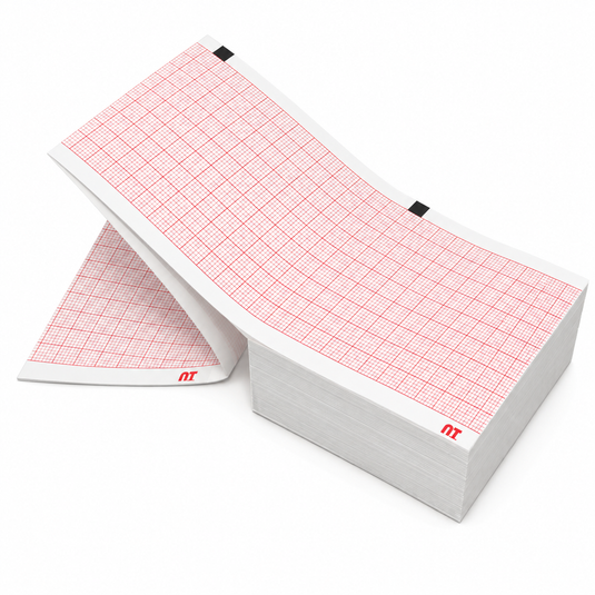 Papel graficado en rojo. Medidas: 9cm*9cm Doblado en Z de 400 hojas. Para ECG Schiller AT1 2.157014A. marca NT