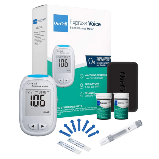 Kit On Call Express Voice Incluye: Glucómetro, 100 tiras reactivas, 100 Lancetas, 1 Disparador - Acon - marca On Call Express Voice