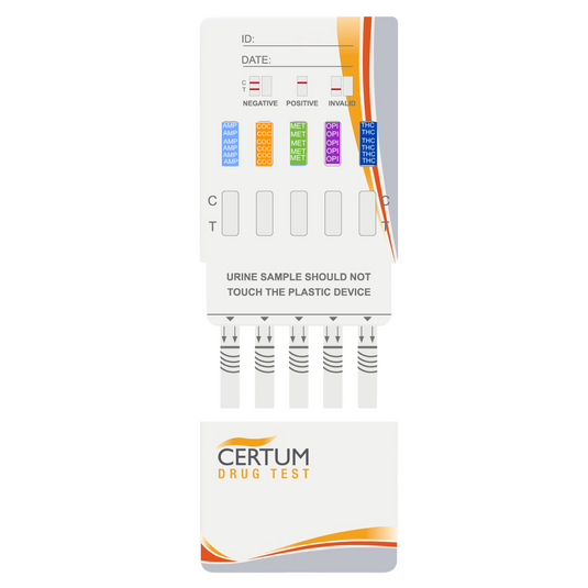 (HDOA-254)Panel Multidrogas De 5 Parámetros (Thc/Coc/Amp/Met/Opi) - Caja Con 25 Pruebas, Contenedores De Orina No Estériles De 100 Ml - marca Certum
