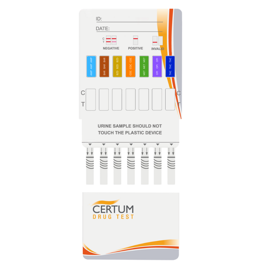 Panel multidrogas de 7 parámetros (AMP/BAR/BZD/COC/MET/MOR/THC) - caja con 25 pruebas - Certum