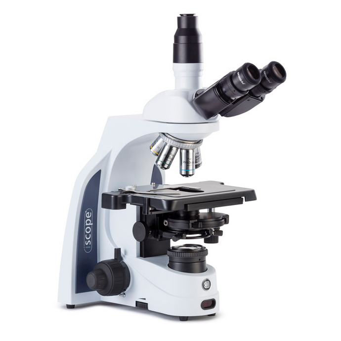 Microscopio trinocular iScope con oculares EWF de 10x/22 mm, objetivos de fase plana PLPHi 10/20/S40/S100x oil IOS, condensador de disco de contraste de fase Zernike con tope de campo oscuro, platina sin bastidor e iluminación Köhler 3W NeoLED™