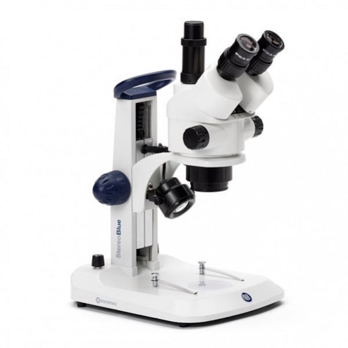 Microscopio con zoom estéreo trinocular StereoBlue, objetivo con zoom de 0,7x a 4,5x, aumento de 7x a 45x, soporte ergonómico con iluminación LED incidente y transmitida