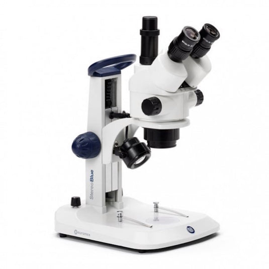 Microscopio con zoom estéreo trinocular StereoBlue, objetivo con zoom de 0,7x a 4,5x, aumento de 7x a 45x, soporte ergonómico con iluminación LED incidente y transmitida