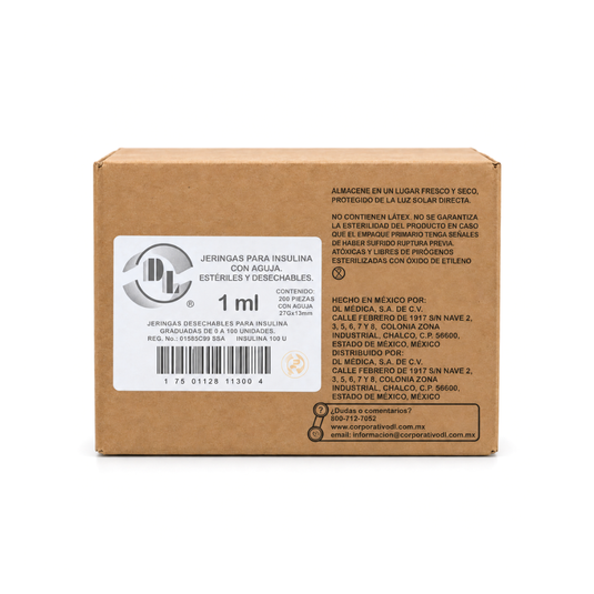 Jeringa Insulina 1ml con aguja 27X13 con 200 piezas marca DL