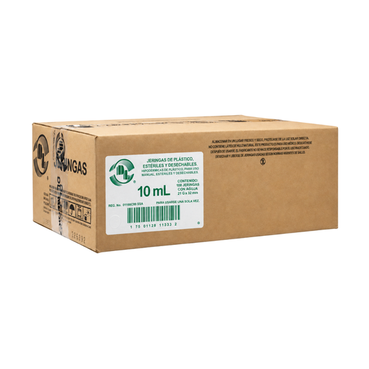 Jeringa esteril y desechable 10ml con aguja 21X32 con 100 piezas marca DL