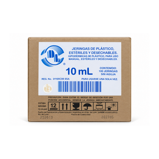 Jeringa esteril y desechable sin aguja 10ml con 100 piezas marca DL