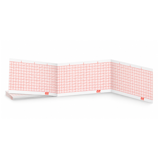 Papel graficado en rojo. Medidas: 5cm*10cm Doblado en Z de 300 hojas. Para Nihon Kohden FQS50-3-100. marca NT