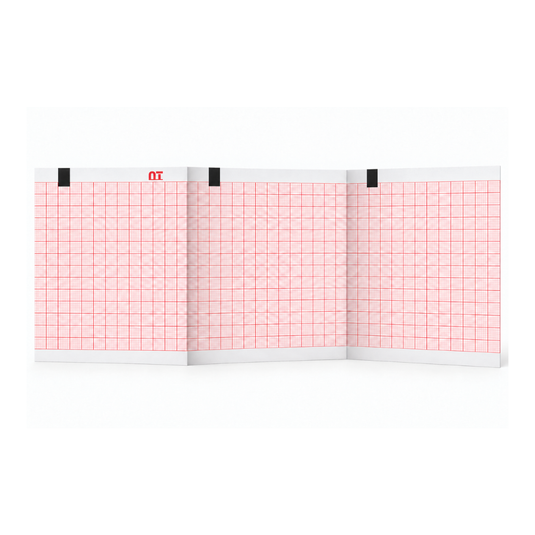 Papel graficado en rojo. Medidas: 8cm*7cm Doblado en Z de 315 hojas. Para ECG Schiller 2.157026 AT101. marca NT