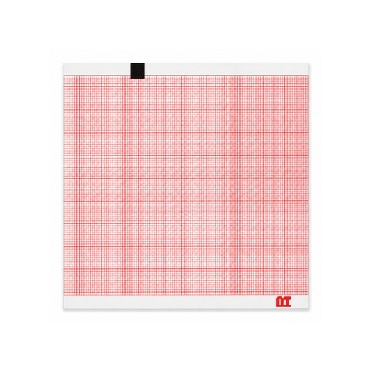 Papel graficado en rojo. Medidas: 9cm*9cm Doblado en Z de 400 hojas. Para ECG Schiller AT1 2.157014A. marca NT