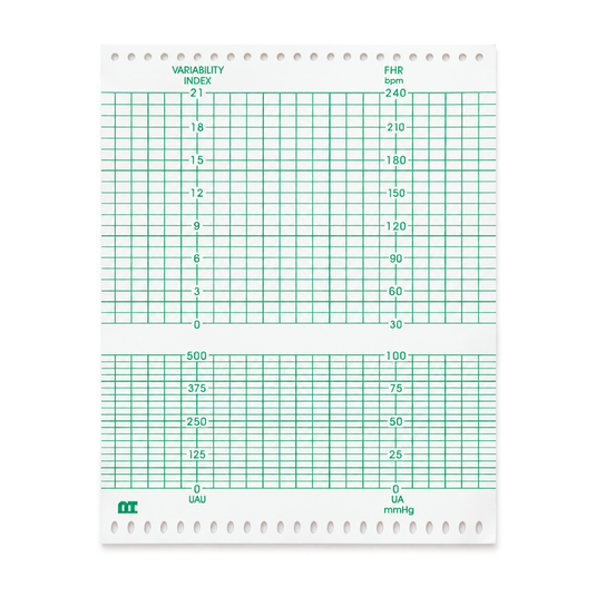 Papel graficado en verde. Medidas: 15.2cm*12cm Doblado en Z de 150 hojas. Corometrics 4303. marca NT