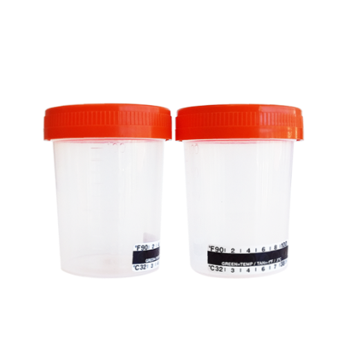 Contenedores de Orina No Esteriles de 100 mL con termometro y tapa naranja - Bolsa con 25 piezas - Kabla
