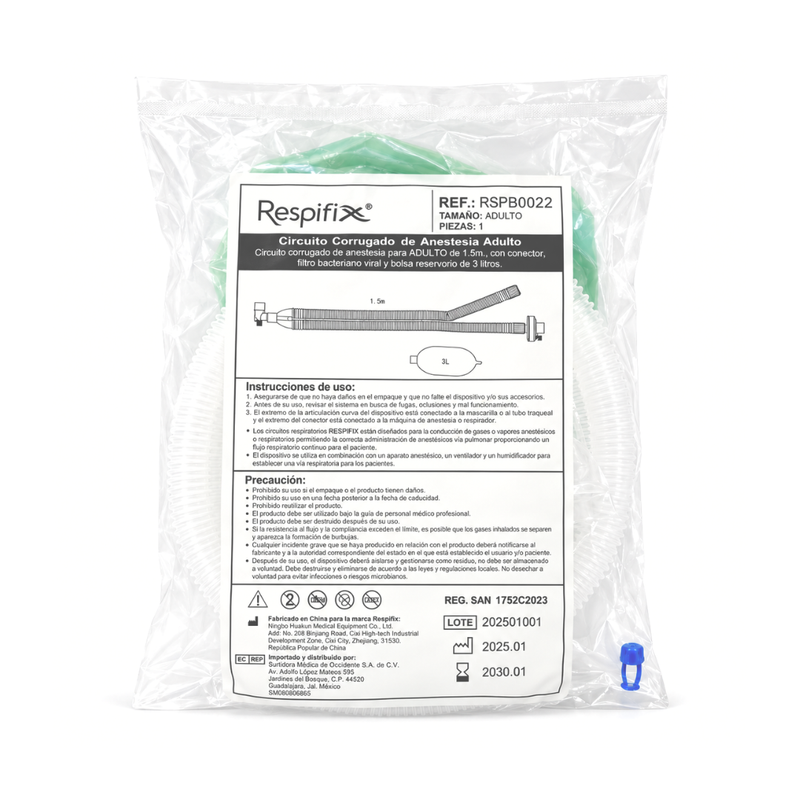 Cargue la imagen en el visor de la galería, Circuito De Anestesia Circular Adulto 60" (152Cm) Con Puerto, Filtro Antibacteriano Viral Y Bolsa De 3L marca Respifix
