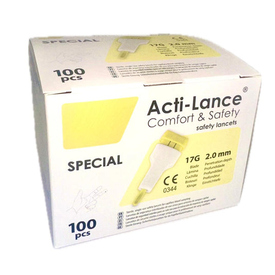 Special 17g 2.00 Mm. Lanceta Automática Retráctil Para Tamiz Neonatal Cuchilla Caja Con 100. Marca Acti-Lance