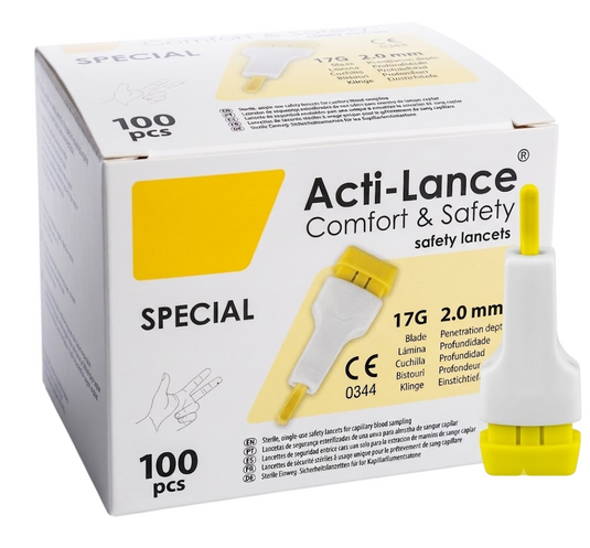 Special 17g 2.00 Mm. Lanceta Automática Retráctil Para Tamiz Neonatal Cuchilla Caja Con 100. Marca Acti-Lance