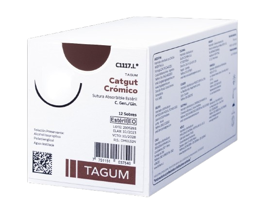 Sutura Cátgut Crómico (Natural, Trenzada, Absorbible), Calibre: 2-0, Longitud: 75 Cm, Aguja: 1/2 Círculo, Redonda (Ahusada), 35 Mm. Caja con 12 Sobres
