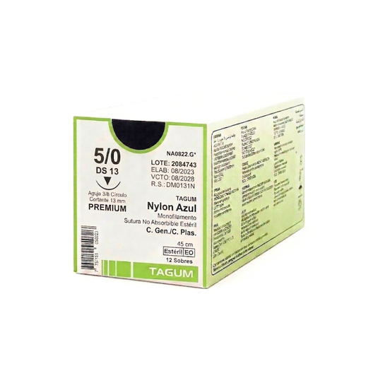 Nylon Calibre 5-0, 3/8 De Circulo Cortante 13Mm, 45 Cm, 1 Aguja - 12 piezas - Marca TAGUM