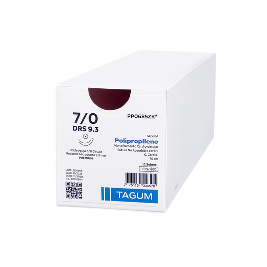 Polipropileno Calibre: 7-0, Longitud: 60 Cm, Aguja: 3/8 Círculo Redonda, 8 Mm, Doble Armado - 12 piezas - Marca TAGUM