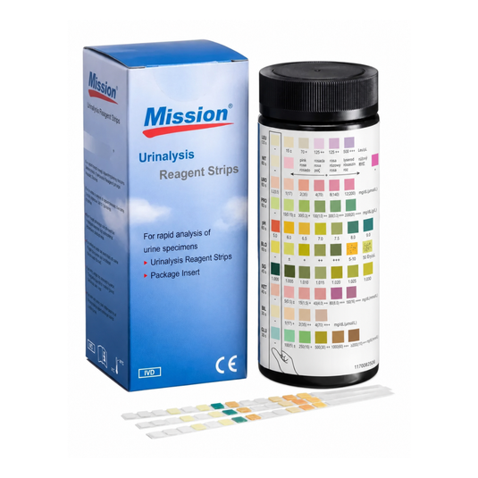Tiras Reactivas Mission Para Uroanálisis De 10 Parámetros (Leu/Nit/Uro/Pro/Ph/Blo/Sg/Ket/Bil/Glu) - Frasco Con 100 Tiras - Acon marca Mission