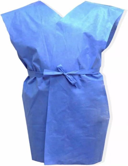 Bata para paciente desechable marca Provemedic, talla unitalla color azul, con cintas de ajuste para exámenes médicos.