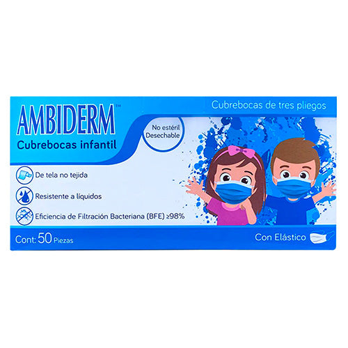 Caja con 50 cubrebocas Ambiderm infantiles en color azul