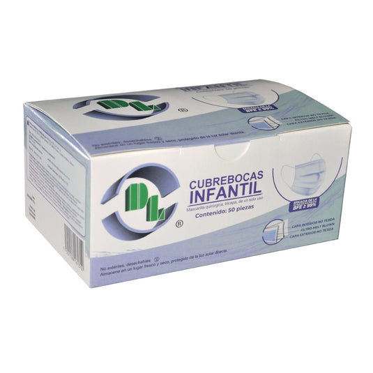 Cubrebocas quirúrgico infantil color azul marca DL, tricapa plisado con ajuste nasal