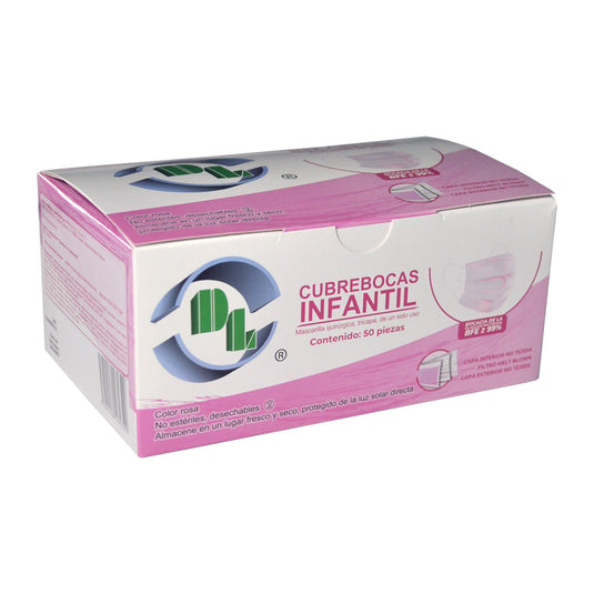 Cubrebocas quirúrgico infantil color rosa marca DL, diseño plisado tricapa con ajuste nasal y elásticos suaves, caja con 50 piezas.