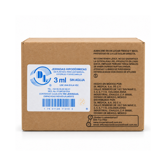 Jeringa esteril y desechable sin aguja 3ml con 100 piezas marca DL