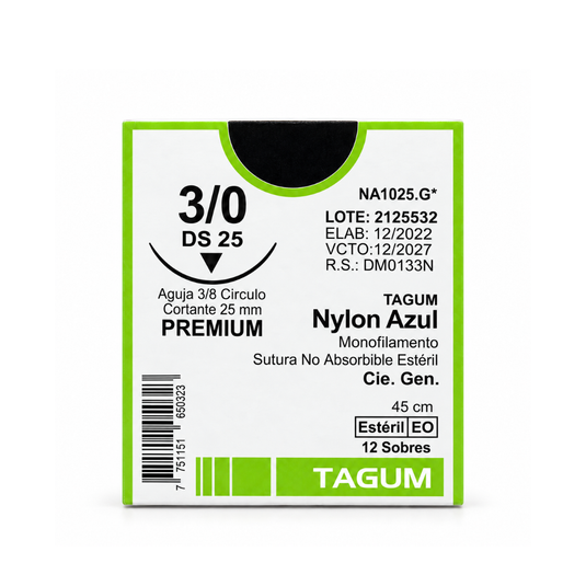 Sutura Nylon (Sintética, No Absorbible, Monofilamento, Color Azul), Calibre: 3-0, Longitud: 45 Cm, Aguja: 3/8 Círculo, Cortante, 25 Mm. Caja Con 12 Sobres marca Tagum