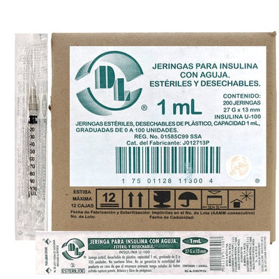 Jeringa Insulina 1ml con aguja 27X13 con 200 piezas marca DL