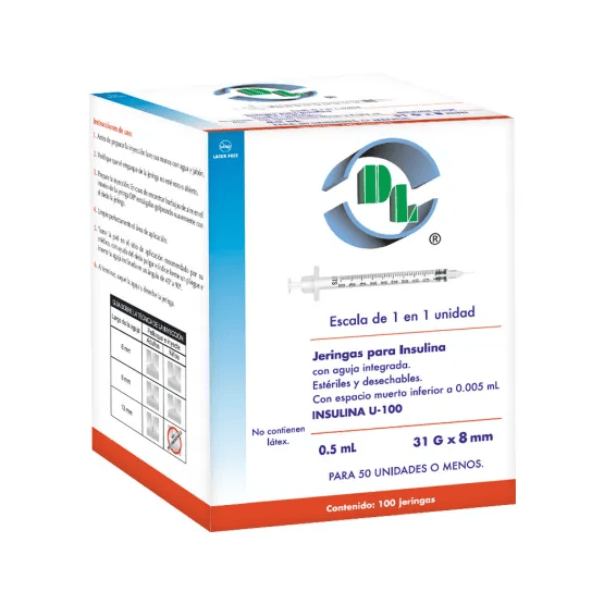 Caja con 100 jeringas estériles de 0.5 ml con aguja 31G x 8mm